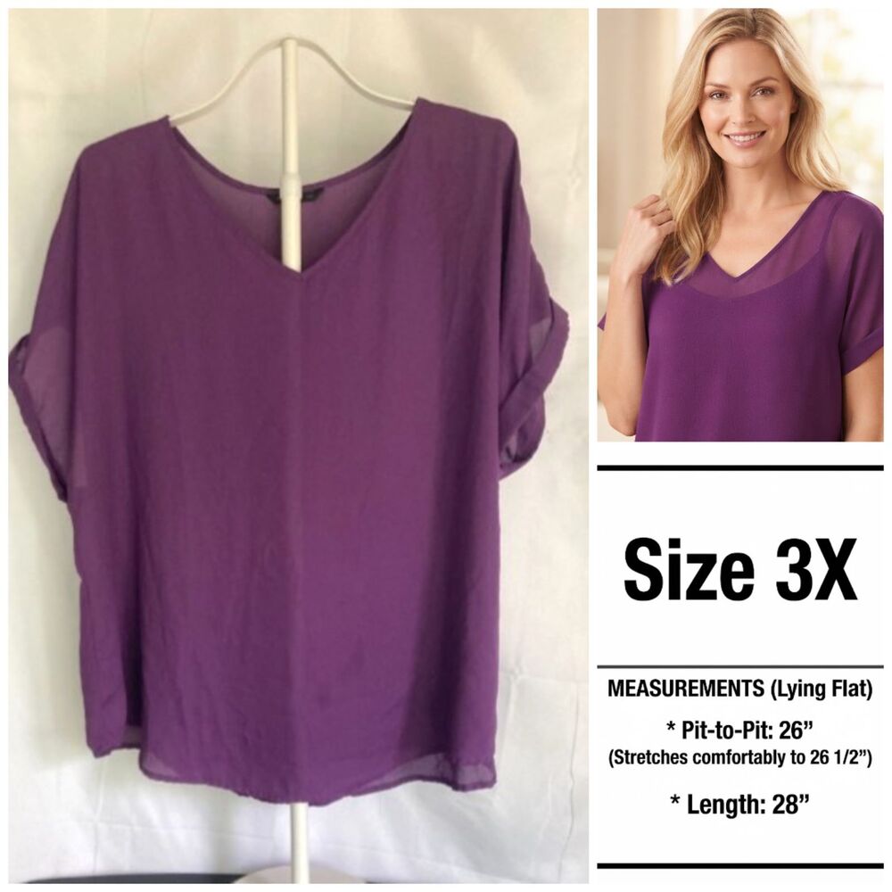 SHEIN Curve Clasi Purple V-Neck Top Rolled Cuff Plus 3X (Fits 2X 18/20/22)